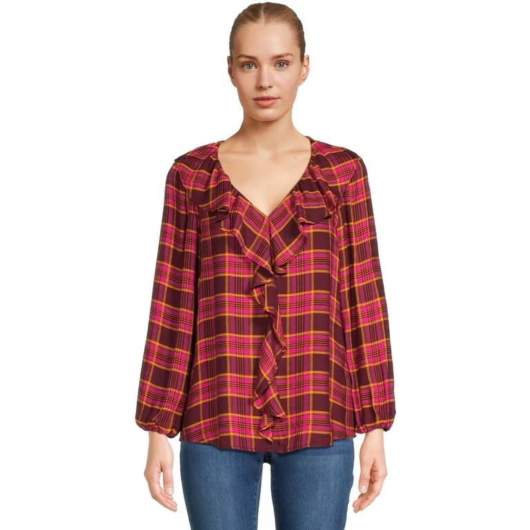 The Pioneer Woman Plaid Ruffle Blouse with Long Sleeves, Women's, Sizes XS-3X | Walmart (US)