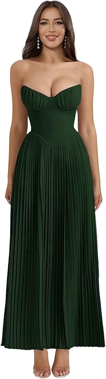 Strapless Bridesmaid Dresses for Women Long A-Line Ruched Satin Prom Formal Wedding Guest Dress | Amazon (US)