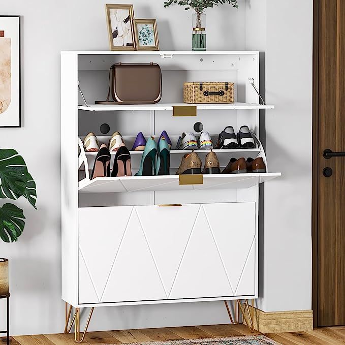 Betterhood Shoe Cabinet, Shoes Storage Cabinet with 3 Flip Drawers, Narrow Shoe Organizer Cabinet... | Amazon (US)