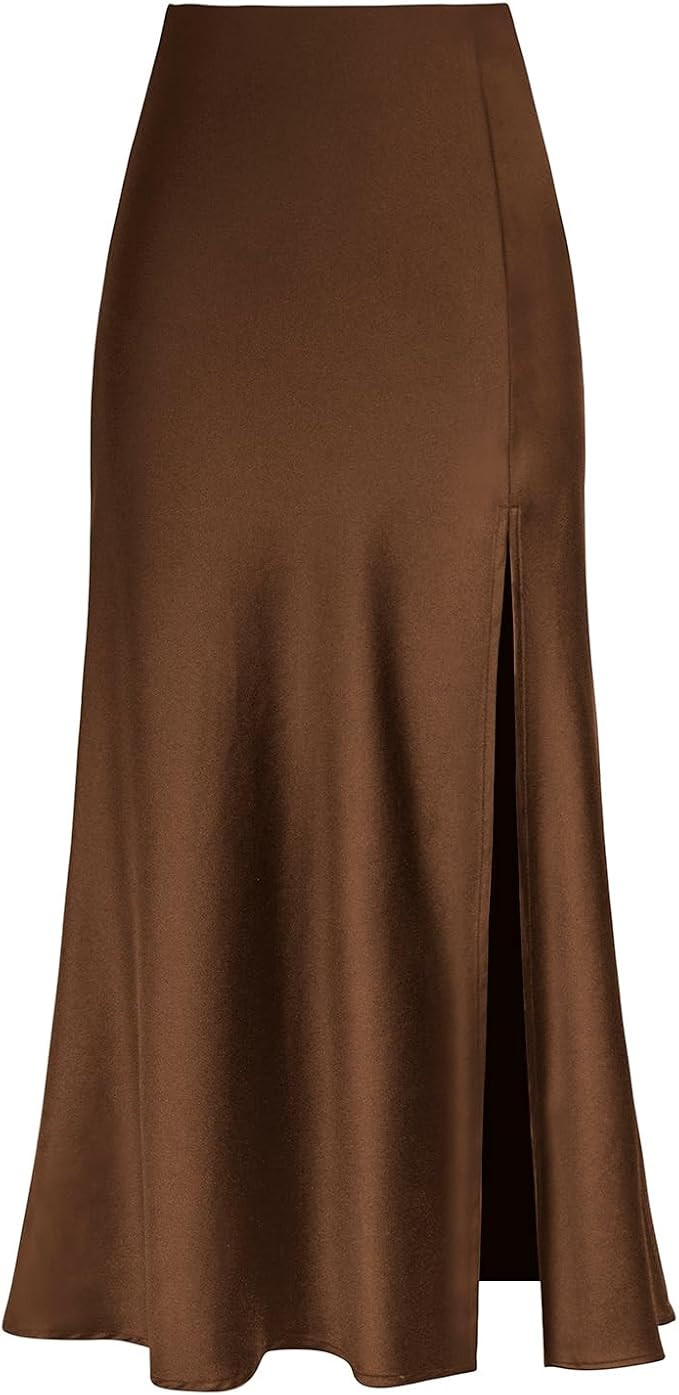 Women's Satin High Waisted Side Split Maxi Skirt Elastic Waistband Zipper Long Skirts | Amazon (US)