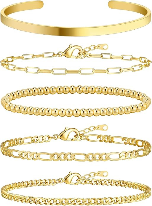 Wowshow Gold Bracelets for Women Bracelet Stack Set 14K Real Gold Plated Link Charm Bracelet Dain... | Amazon (US)