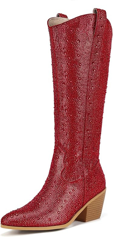 IDIFU IN3 Rhinestone Cowboy Boots For Women Knee High Western Cowgirl Boots Pointed Toe Block Chu... | Amazon (US)