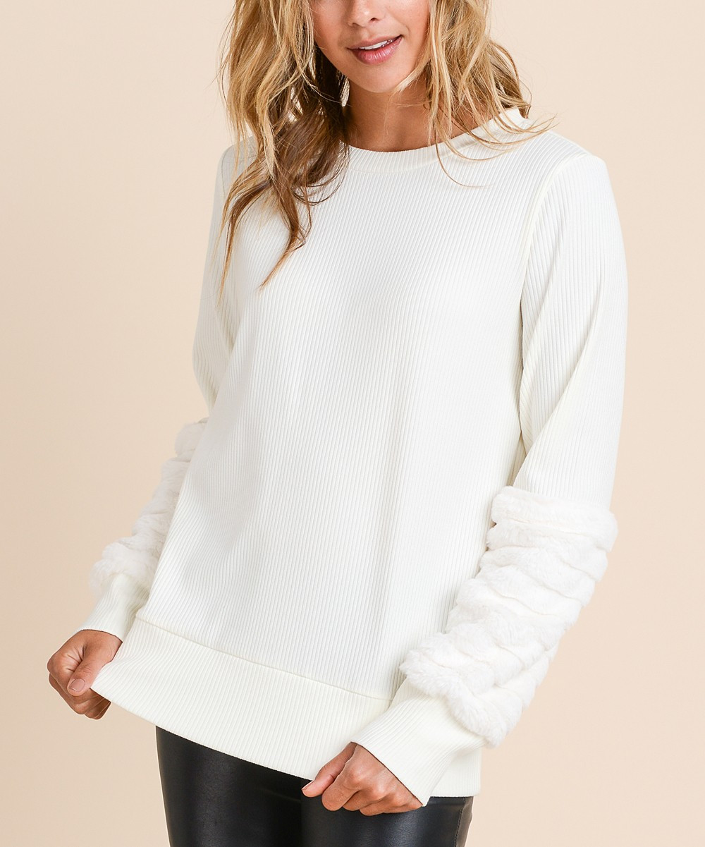 Ivory Faux Fur-Accent Sweater - Women | Zulily