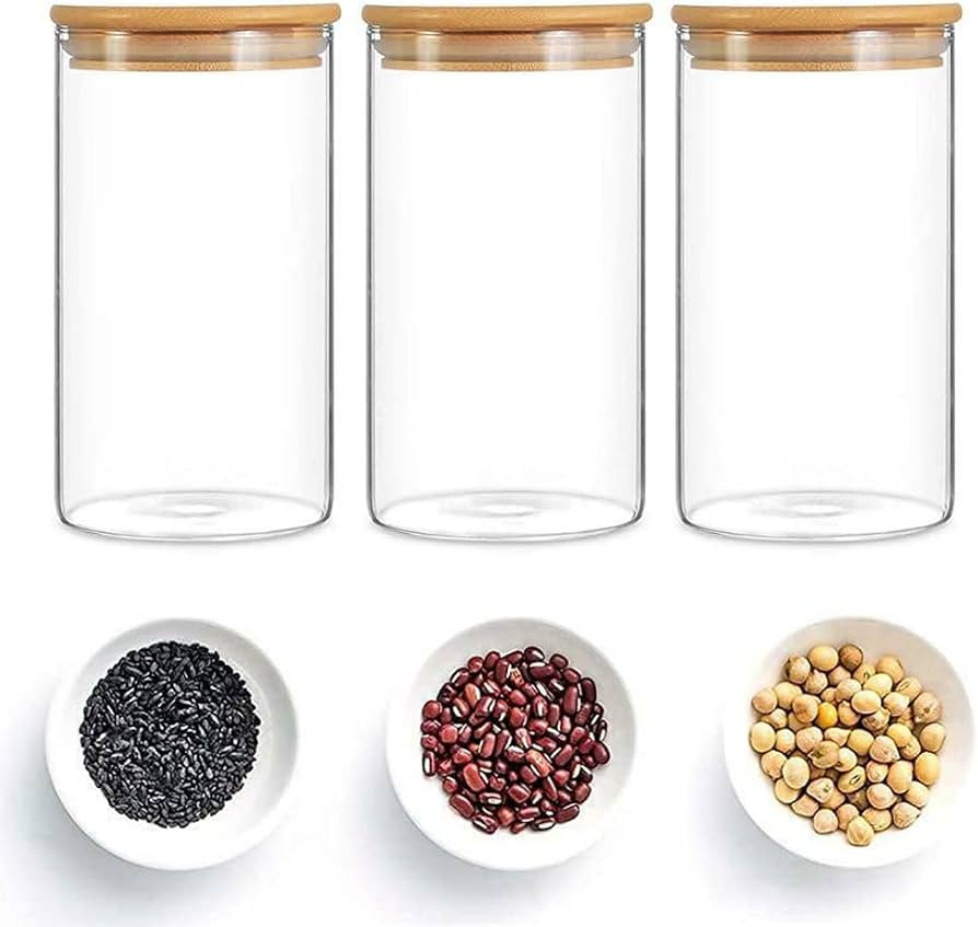 3PCS Glass Jars with Lids, 900ml Glass Storage Jars with Airtight Wooden Lids - Round Shape Glass... | Amazon (UK)