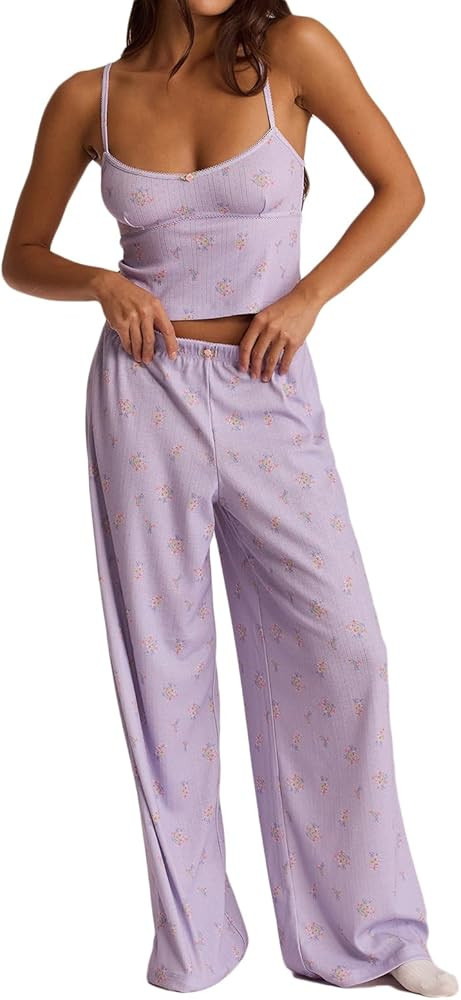 Women's 2 Piece Sleeveless Lounge Set Babydoll Ruffle Crop Tank Top Wide Leg Pant Sleepwear Pajam... | Amazon (US)