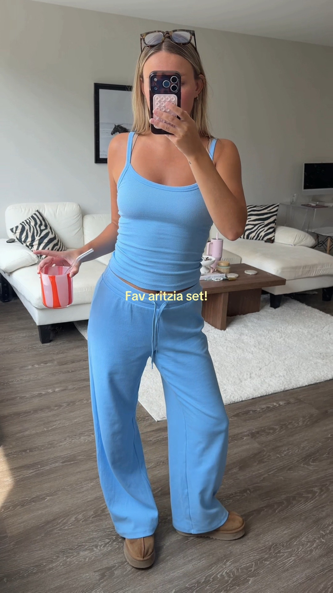 Wearing an XS tank and medium pants!! Shade is postcard blue🩵