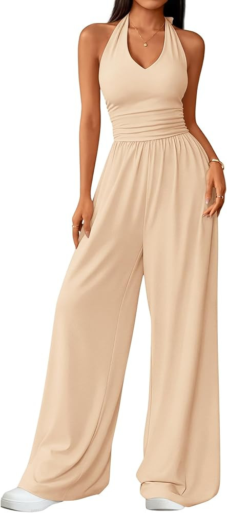 ZESICA Women's Summer 2026 Sleeveless Halter Neck Jumpsuits One Piece Wide Leg Jumper Rompers Bea... | Amazon (US)