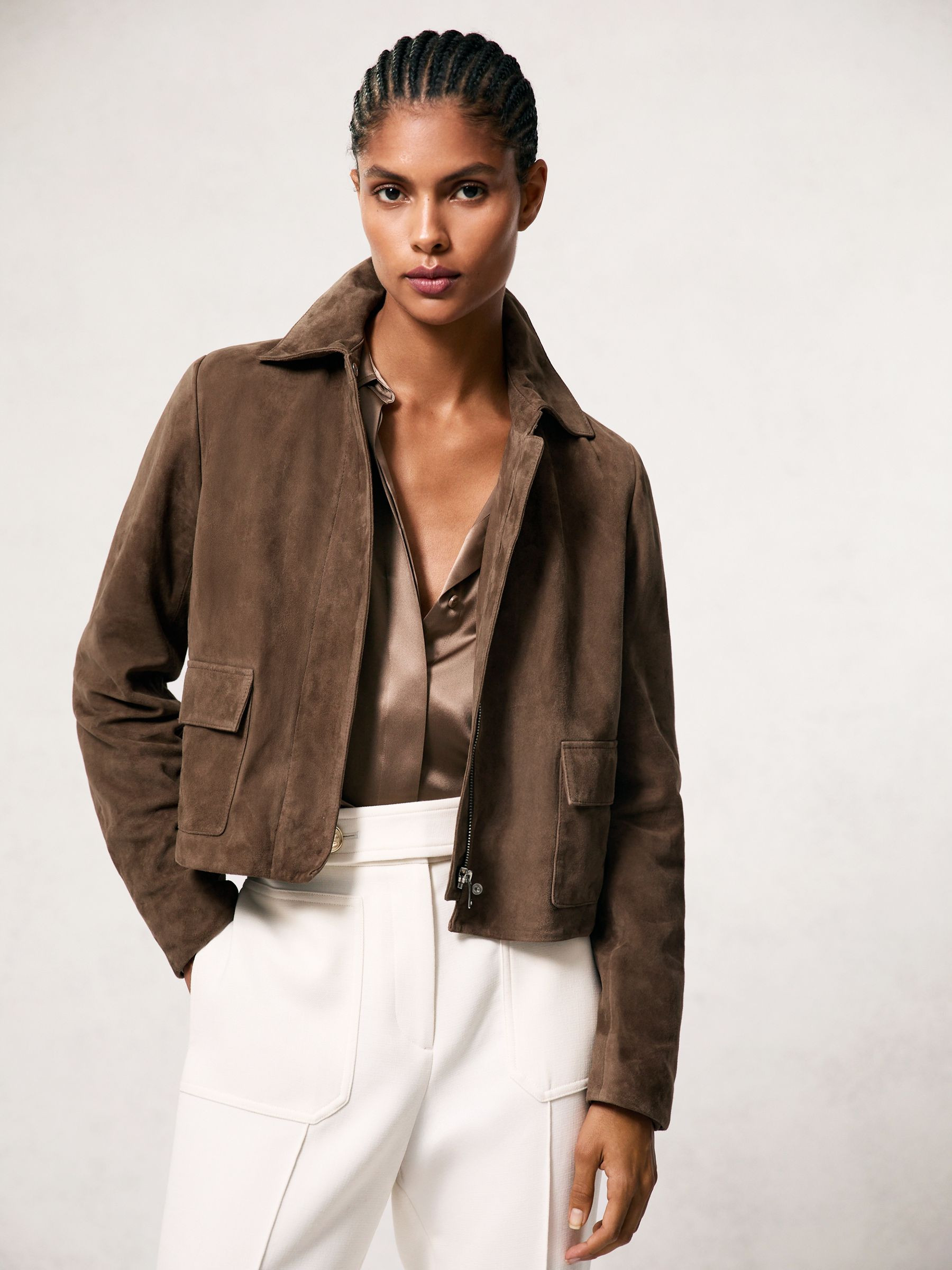 Suede Cropped Jacket in Taupe Neutral | Reiss US