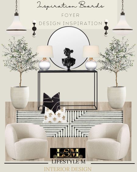 Contemporary farmhouse foyer design. Shop this look with these furniture and decor pieces. Metal frame console table, white accent chairs, striped runner, wood floor tile, throw pillows, white tree planter pot, faux fake tree, black Judy bust statue decor, clear table lamp, round mirror, foyer pendant lights, black wall sconce light.

#LTKstyletip #LTKhome #LTKFind