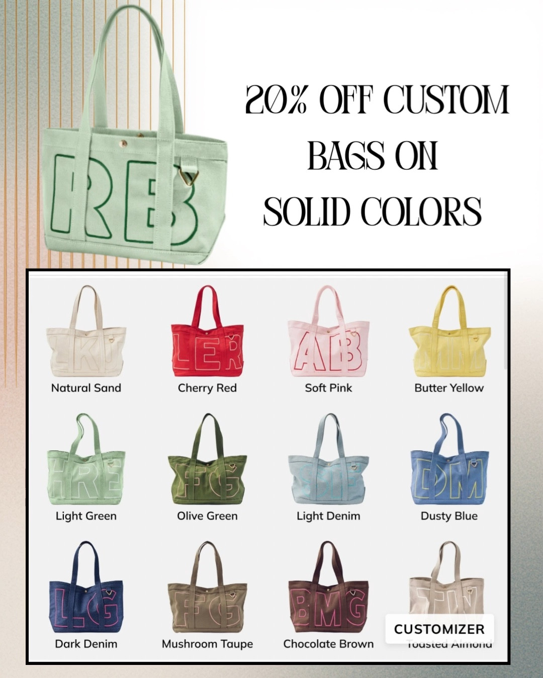 20% off sitewide. No code needed

Doesn't work in the stripe custom bags 

#LTKSaleAlert #LTKMothersDay