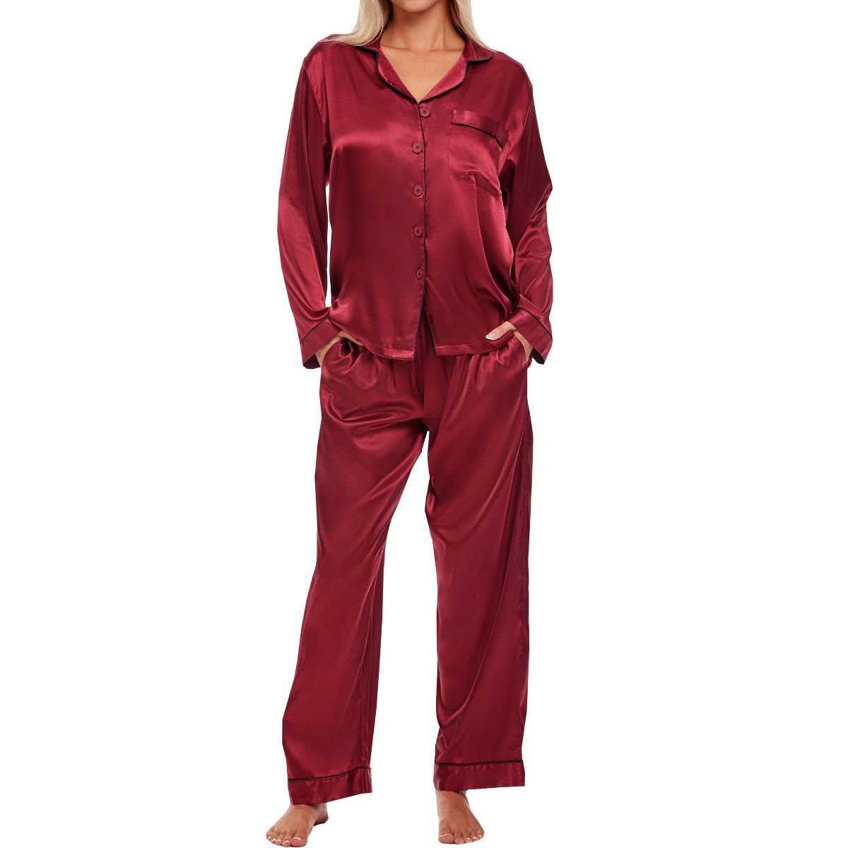 Women's Classic Satin Pajamas Lounge Set, Long Sleeve Top and Pants with Pockets, Silk like PJs w... | Target