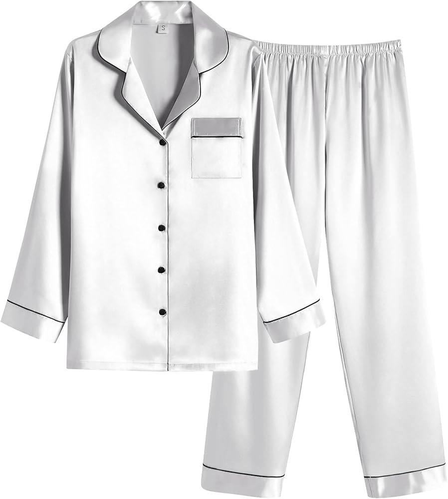 Ekouaer Women Satin Pajamas Set Classic Button Down Long Silk Pjs Set,Medium,White at Amazon Wome... | Amazon (US)