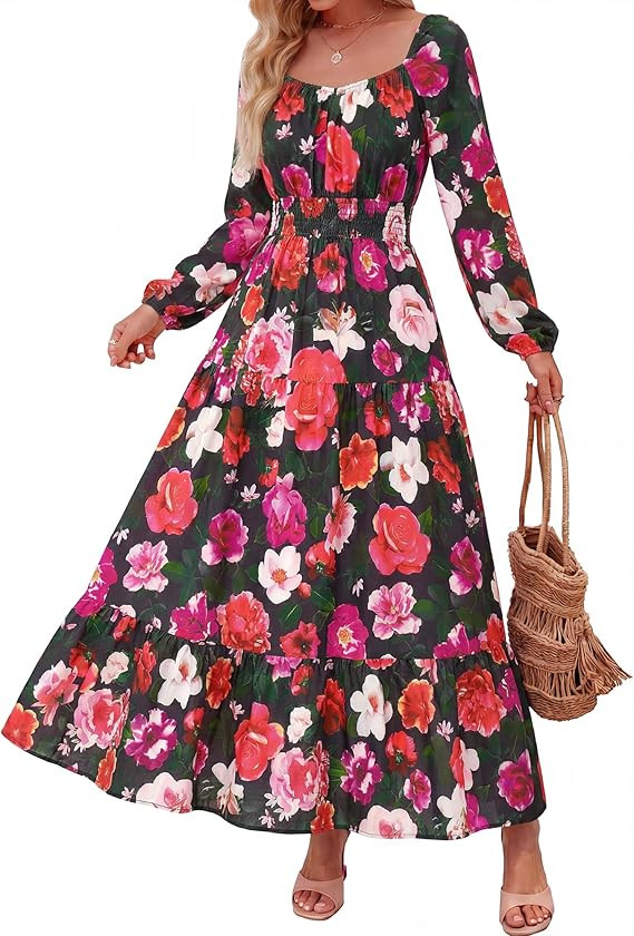 BTFBM Long Sleeve Dress for Women 2026 Spring Fall Boho Floral Square Neck Casual Flowy Long Wedd... | Amazon (US)