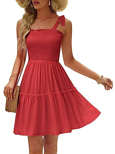 Ailsi Womens Red Sun Dresses for Women Trendy Summer 2023 Casual Square Neck Teen Boho Short Sundress(Medium,Red) | Amazon (US)