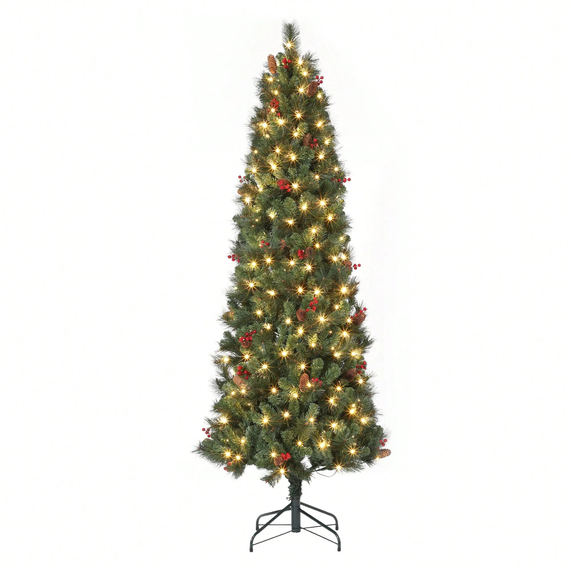 Garvee 7 Ft Prelit Artificial Christmas Tree Fake Christmas Tree with 200 Warm White Lights 738 Branch Pine Cones and Berries Easy to Assemble with | Lowe's