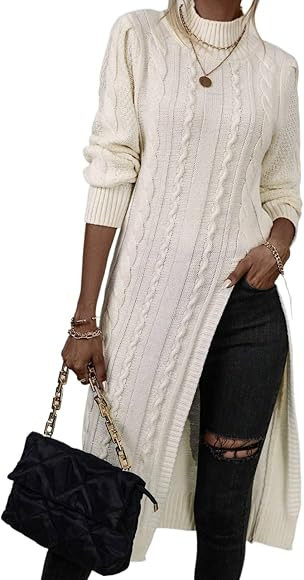 Women's Pullover Mock Neck Slit Thigh Knit Longline Sweater Long Sleeve Fashion Sweaters for Wome... | Amazon (US)