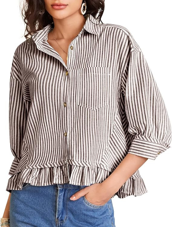 COZYPOIN Womens Striped Button Down Cotton Shirts Cropped Ruffle Hem 3/4 Sleeve Casual Collared B... | Amazon (US)