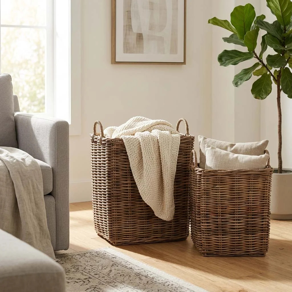 Bostrom Woven Rattan Decorative Baskets For Living Room Storage - Multipurpose Basket Organizer With Handles For Household - Set Of 2, 23", 20", Brown | Wayfair North America