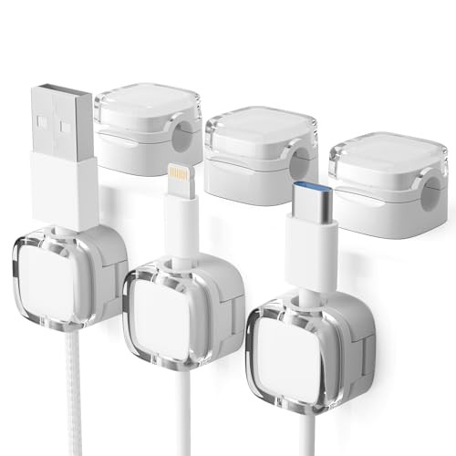 6 Pack Magnetic Cord Organizer & Cable Clips - Adjustable Under Desk Cable Management, Adhesive Wire Holder for Home, Office, Phone, Car, Wall, and Nightstand (White) | Amazon (US)