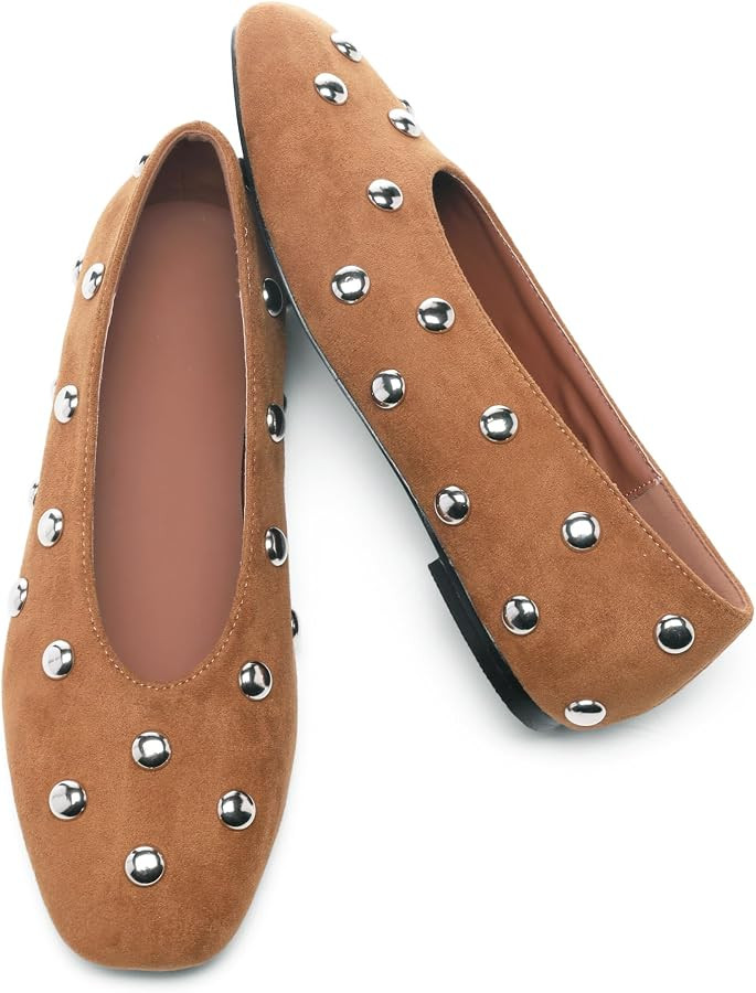 Studded Flats for Women Square Toe Slip on Suede Ballet Flats | Amazon (US)
