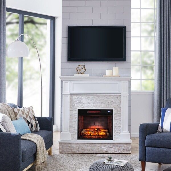 Harper Blvd Ashfield Faux Stone Media Infrared Fireplace, White with Rustic White | Bed Bath & Beyond