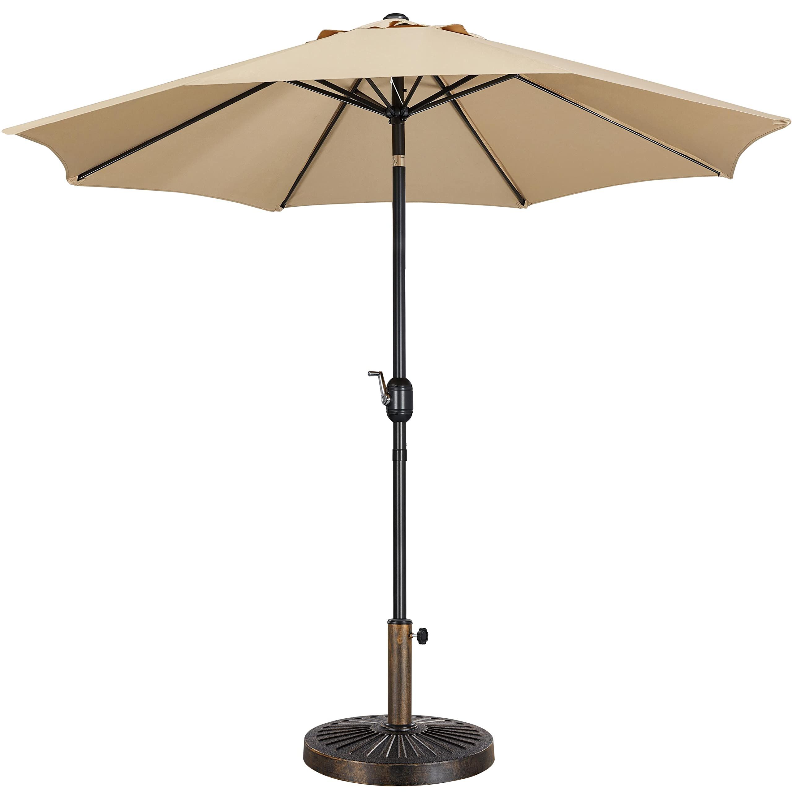 Yaheetech 9FT Garden Table Umbrella with 30lb Base, Patio Market Umbrella with Push Button Tilt, Crank and 8 Sturdy Ribs, Outdoor Umbrella w/Base Included Heavy Duty - Tan | Amazon (US)