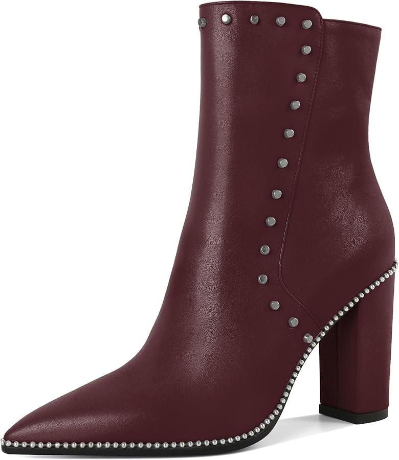 YODEKS Women's Ankle Booties 3.7 Inch Heel Chunky Boots Rivet Beaded Studded Pointed Toe Side Zip... | Amazon (US)