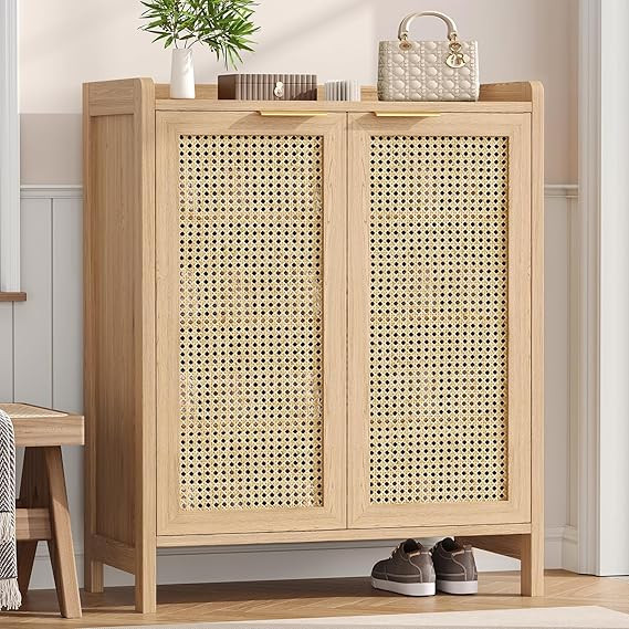 Rattan Shoe Storage Cabinet, 5-Tier Shoe Cabinet for Entryway, Wooden Shoe Rack Organizer with Do... | Amazon (US)