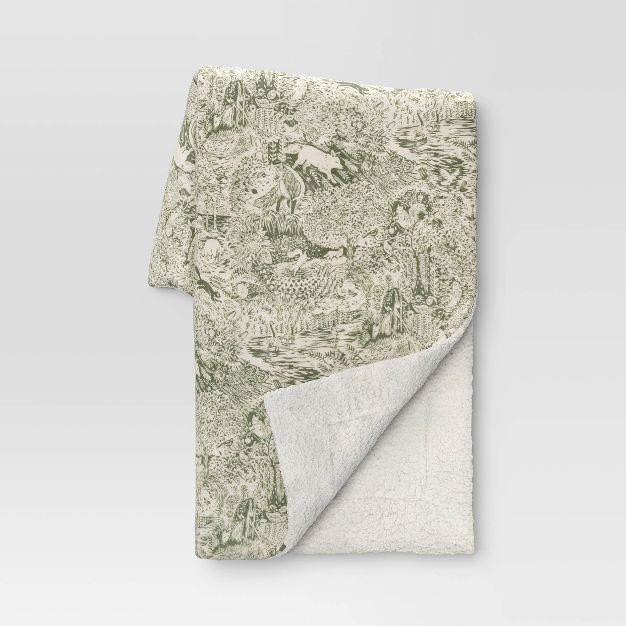 Fall Frolic Printed Plush Throw Blanket with Faux Shearing Green/Almond - Threshold™ | Target