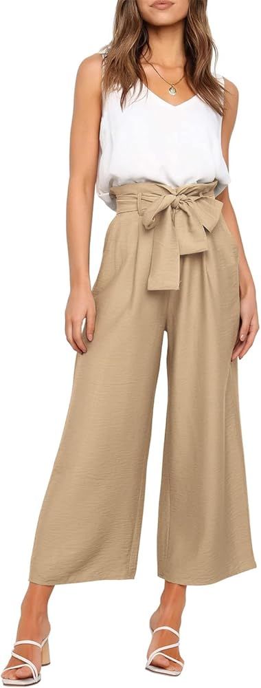 FANCYINN Womens 2 Piece Crop Pants Set V Neck Tank Wide Strap Tops High Waisted Cropped Paper Bag... | Amazon (US)