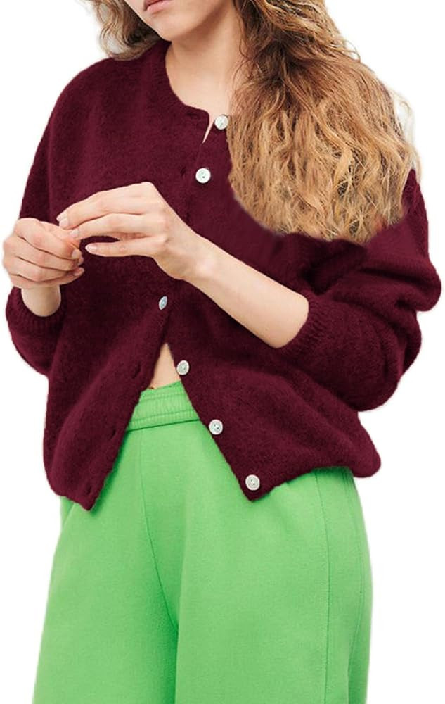 Women's Casual Cardigan Sweater Button Down Crewneck Soft Knit Lightweight Going Out Pullover Top... | Amazon (US)
