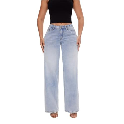 ONESO Mid-Low Rise Baggy Jeans Wide Leg for Women Distressed Pants Stretchy Bottom Lady Basic Comfortable Denim | Amazon (US)