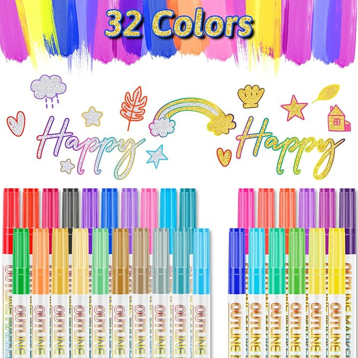 Super Squiggles Metallic Markers, 20 Silver & 12 Gold Colors, Double Line Outline, Shimmer Glitte... | Amazon (US)