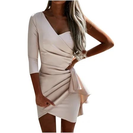 LWZWM Club Dresses for Women Party Night One Shoulder Dress Long Sleeve Mini Dress Beige L | Walmart (US)