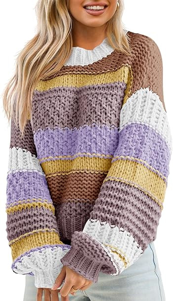 Saodimallsu Womens Color Block Sweater Striped Chunky Knit Cropped Sweaters Crewneck Fall Long Sl... | Amazon (US)