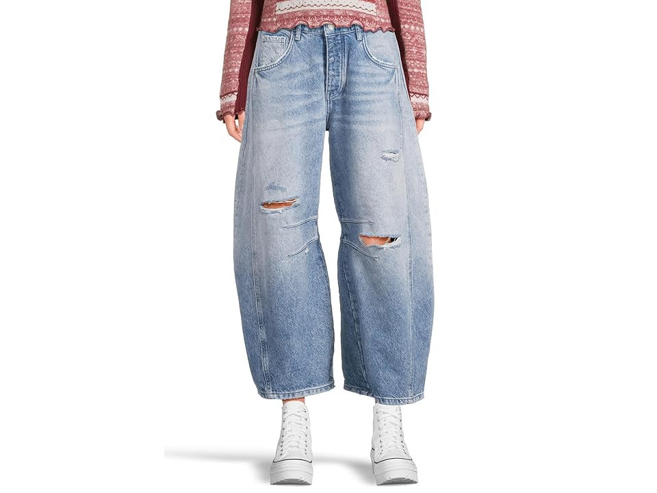 Free People We The Free Good Luck Mid-Rise Barrel Jeans Women's Clothing Barnyard Blue : 29, Cotton/Denim/Lyocell | Zappos