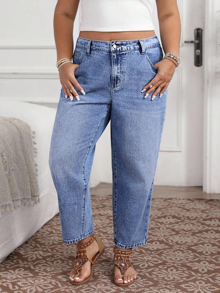 EMERY ROSE Plus Size Women High Waist Pockets Flared Loose Casual Jeans Casual Street Patchwork Pocket Loose Wide Leg Jeans Women Jeans Baggy Loose Jeans | SHEIN