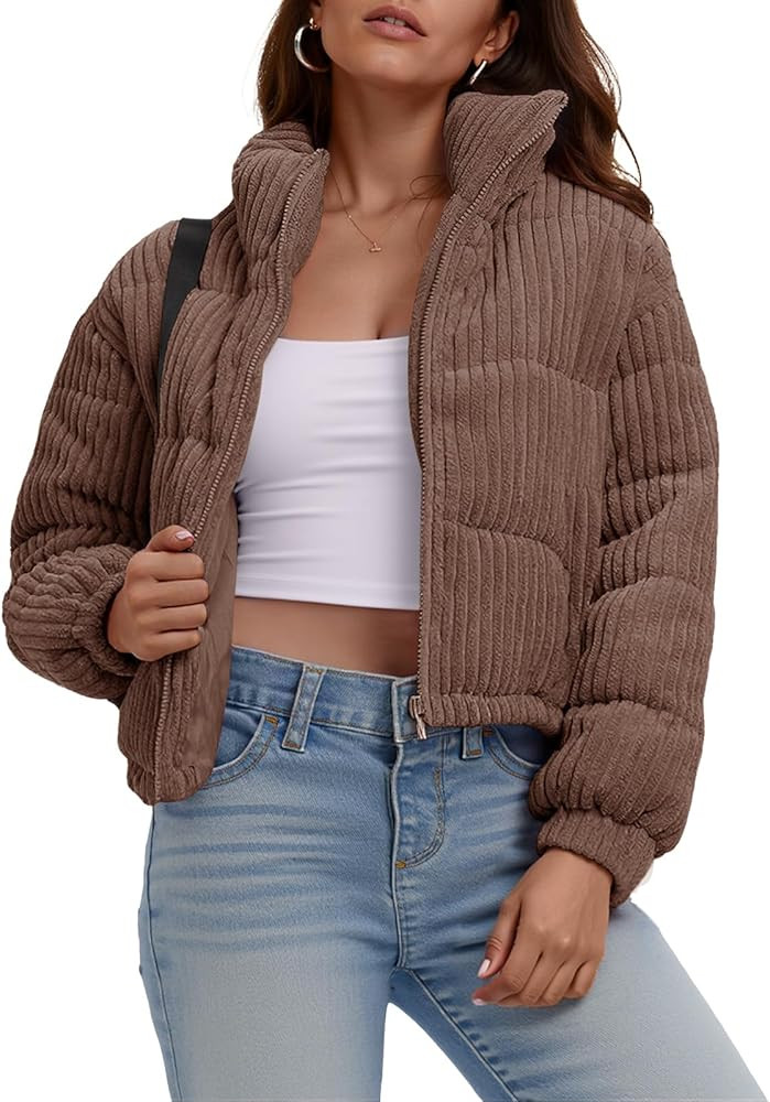 Fisoew Corduroy Puffer Jacket Women Long Sleeve Cropped Winter Coat Zip Up Stand Collar Short War... | Amazon (US)