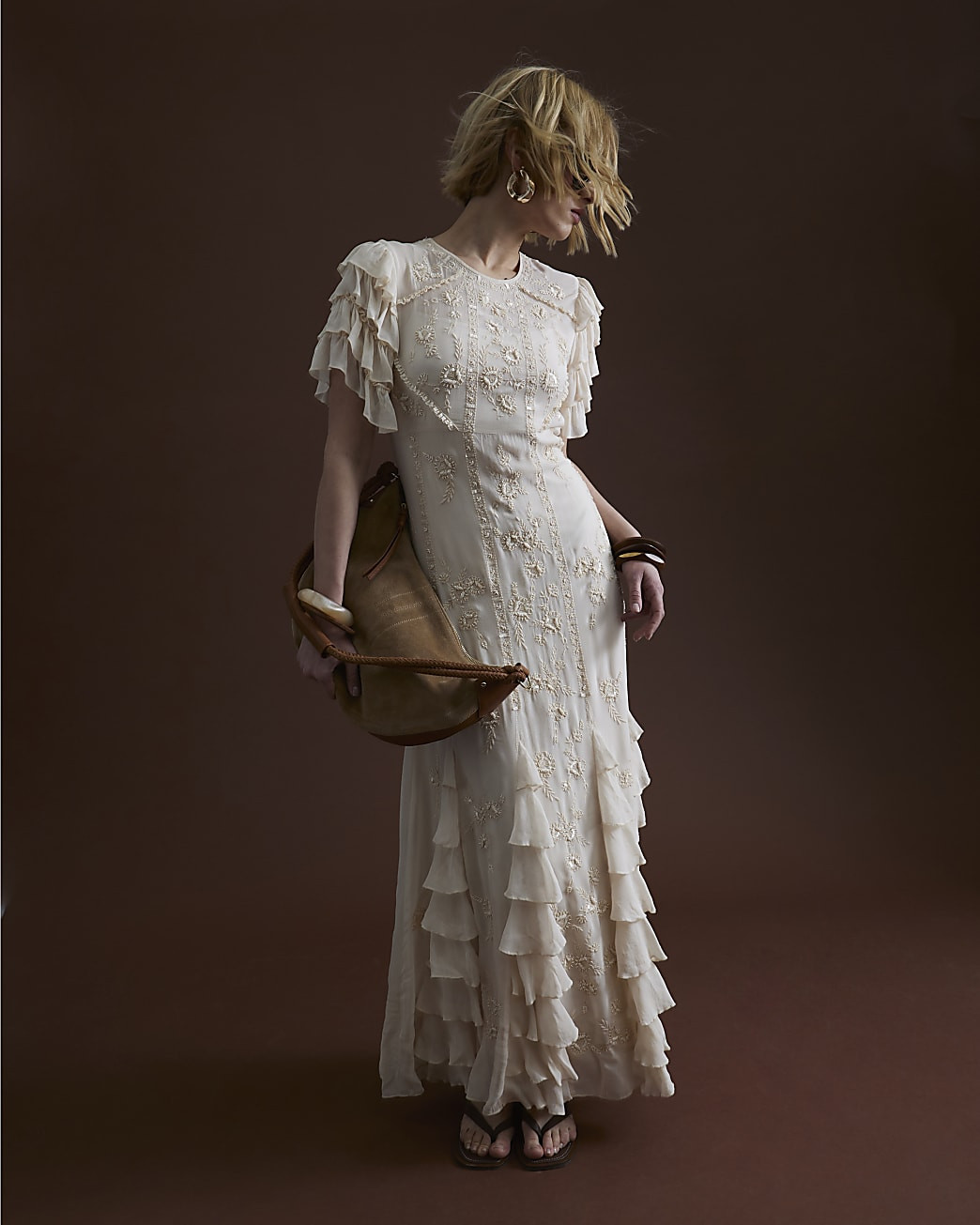 Pink Premium Ruffle Embroidered Maxi Dress | River Island UK & IE