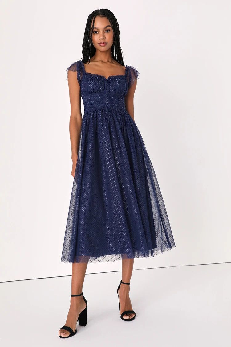 Regal Radiance Navy Blue Tulle Bustier Midi Dress | Lulus (US)