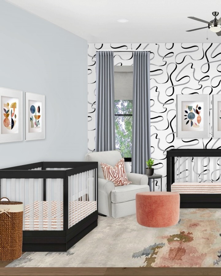 Is it something in the water? I’ve designed more twins nurseries this past year than ever before. Luckily, this client had a large room to work with so we were able to fit two cribs, a dresser and glider.⁠
⁠
The client wanted a modern nursery design with high contrast, lots of color and plenty of fun, so we started with the wallpaper she already had and worked from there.⁠
⁠
The black nursery furniture has acrylic, so it doesn’t feel too heavy, and the unexpected accent colors of slate blue and coral are bright and cheery.⁠
⁠
See all the details on the blog!

#LTKBaby #LTKHome #LTKBump