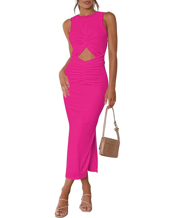 Ceuplon Women's Summer Bodycon Dresses Casual Crew Neck Side Slit Sleeveless Ribbed Cut Out Tank ... | Amazon (US)