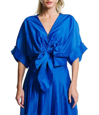 Clarisa V-Neck Half Sleeve Tie Front Coordinating Cropped Blouse | Dillard's