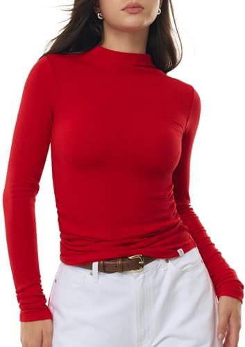 Women's Mock Turtle Neck Long Sleeve Shirts Merino Wool Knit Tops Fitted Slim Fit Basic Tees Cozy... | Amazon (US)