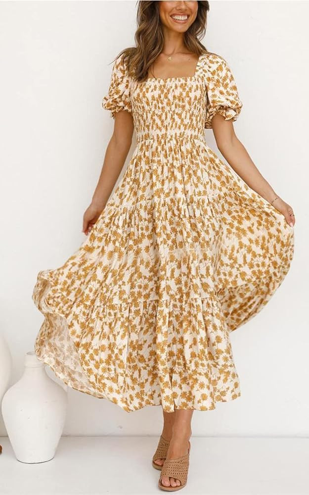 PRETTYGARDEN Women's Boho Floral Print Summer Dresses Square Neck Puff Sleeve A Line Long Dress S... | Amazon (US)
