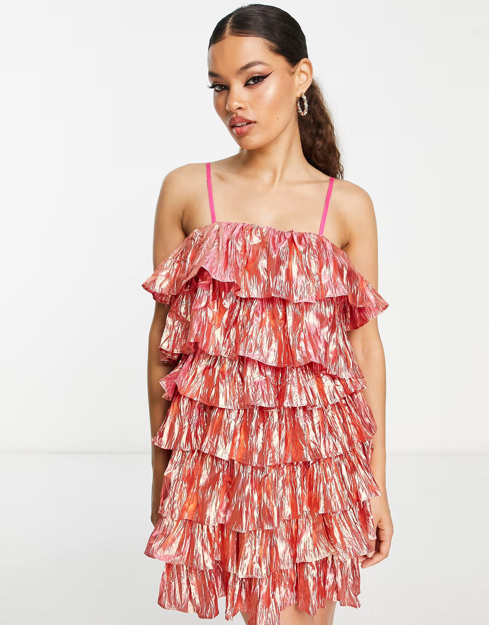 Collective the Label Petite exclusive metallic tiered mini dress in pink | ASOS | ASOS (Global)
