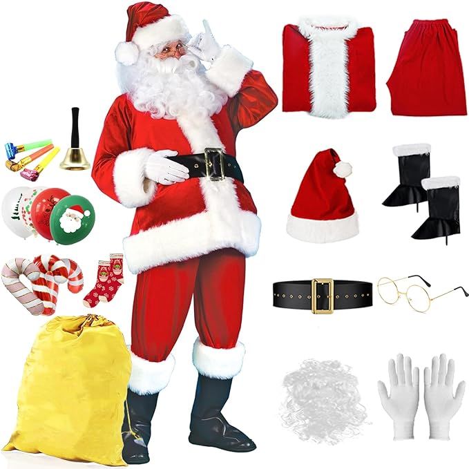 Santa Claus Costume for Men, 14pcs Set Christmas Santa Suit Adults Deluxe Velvet, Santa Costume, ... | Amazon (US)