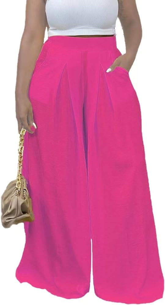 Women's Wide Leg Long Palazzo Pants High Waist Loose Fit Casual Flowy Pants Trousers with Pockets | Amazon (US)