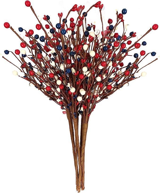 jinghong 6 Pcs Artificial Pip Berry Stems,America Patriotic Stems Red White Blue Pip Berry Stems for | Amazon (US)