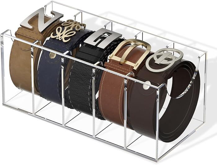 FEMELI Belt Organizer, Acrylic 5 Compartments Container Storage Holder, Clear Display Case for Cl... | Amazon (US)